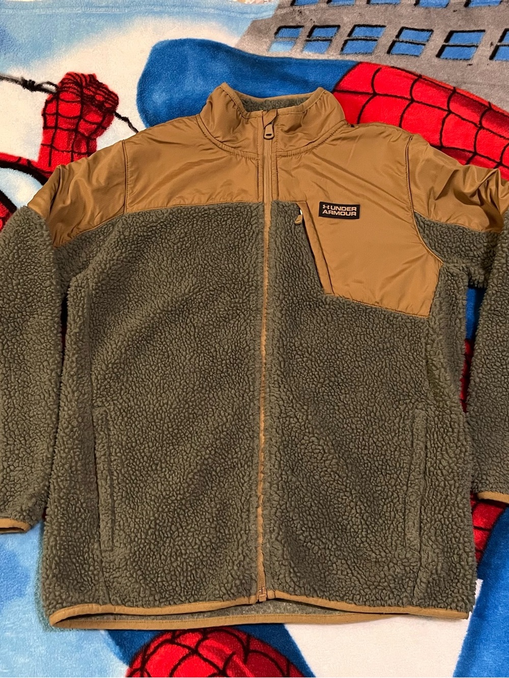 Under Armour Kids' Olive & Tan Sherpa Fleece Jacket youth size large
